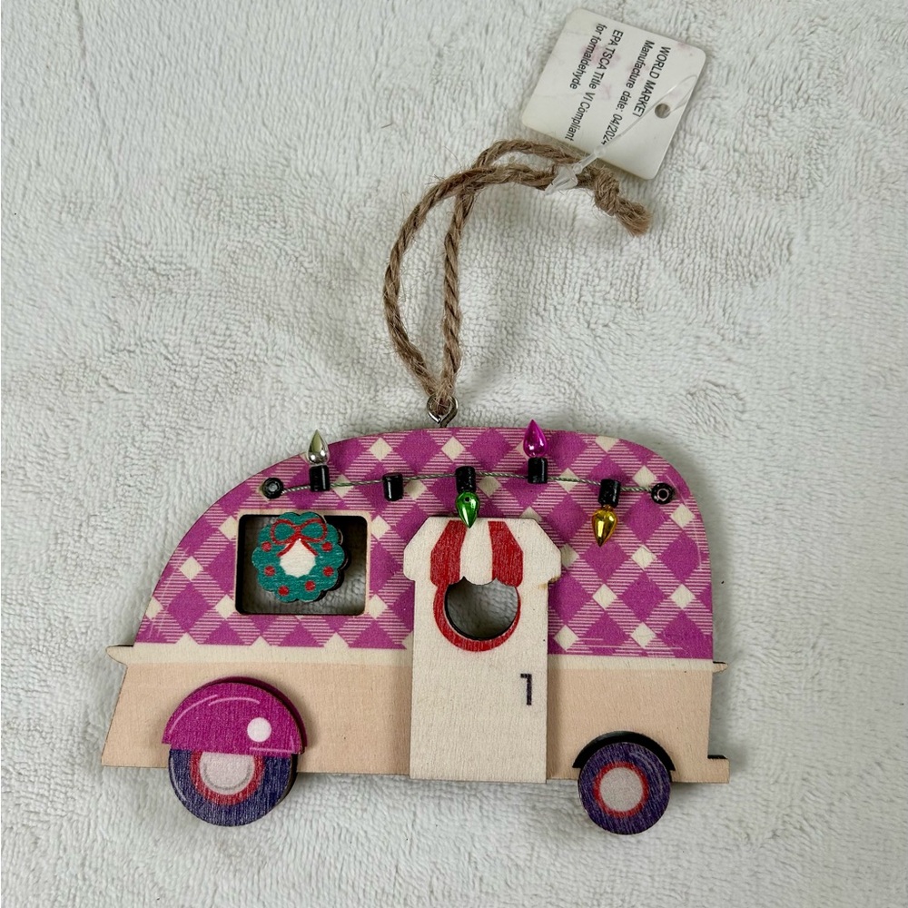 New World Market Christmas Ornament Pink Camper Van MCM